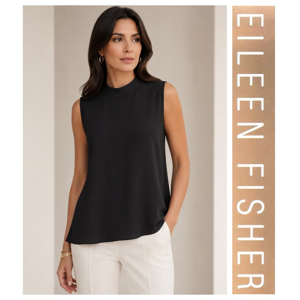 Eileen Fisher Black 100% Silk Sleeveless Crew Neck Top Career Capsule Chic M